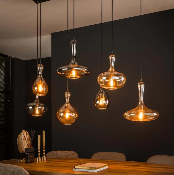 Hanglamp Eettafel - Nieuw - Amberglas - Beige - Webshop, Huis en Inrichting, Lampen | Hanglampen, Contact@fannur.com, Verzenden