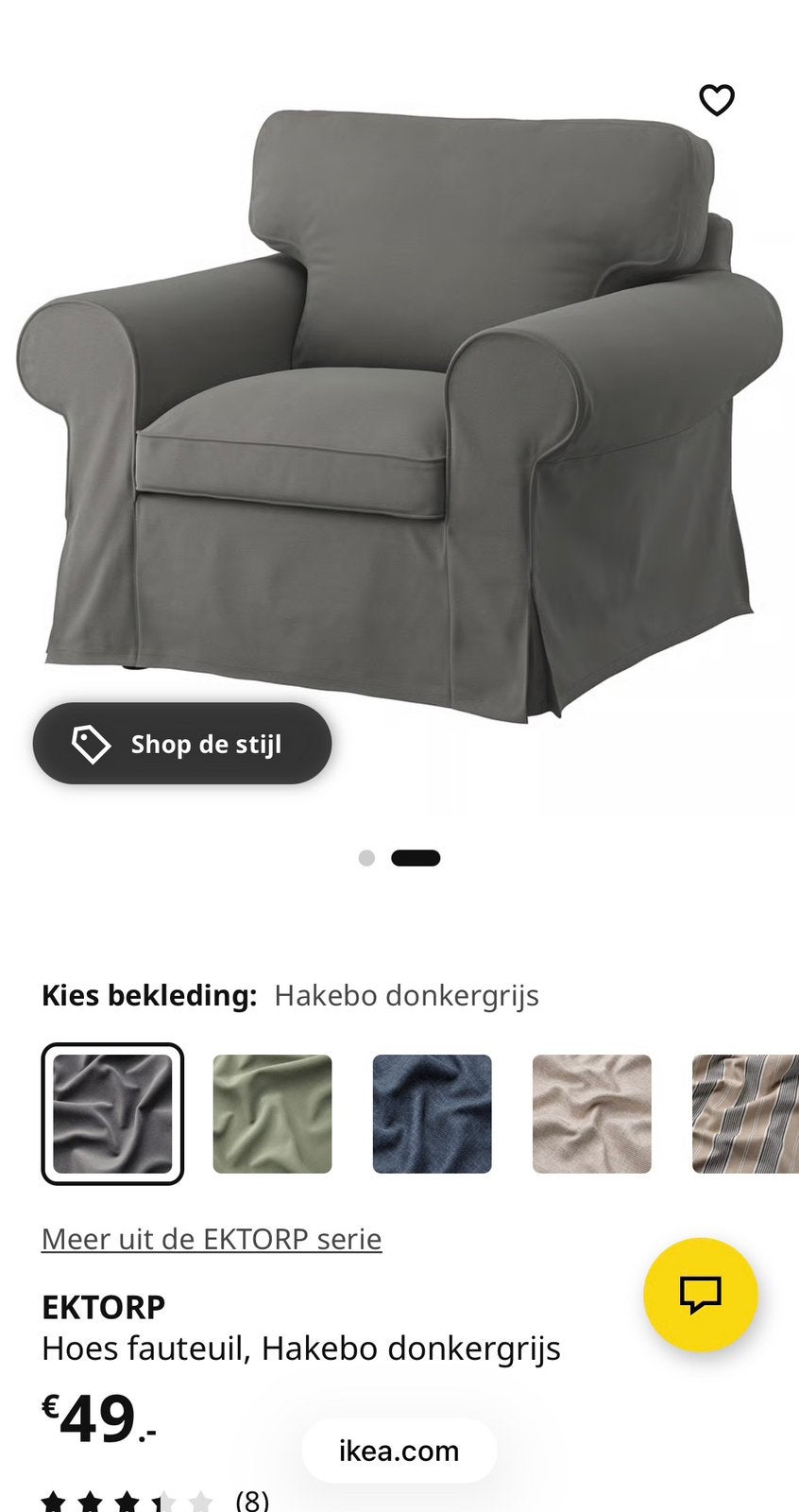 Grijze hoes ikea ektorp fauteuil, Huis en Inrichting, Fauteuils, Ophalen of Verzenden, Zo goed als nieuw, 75 tot 100 cm