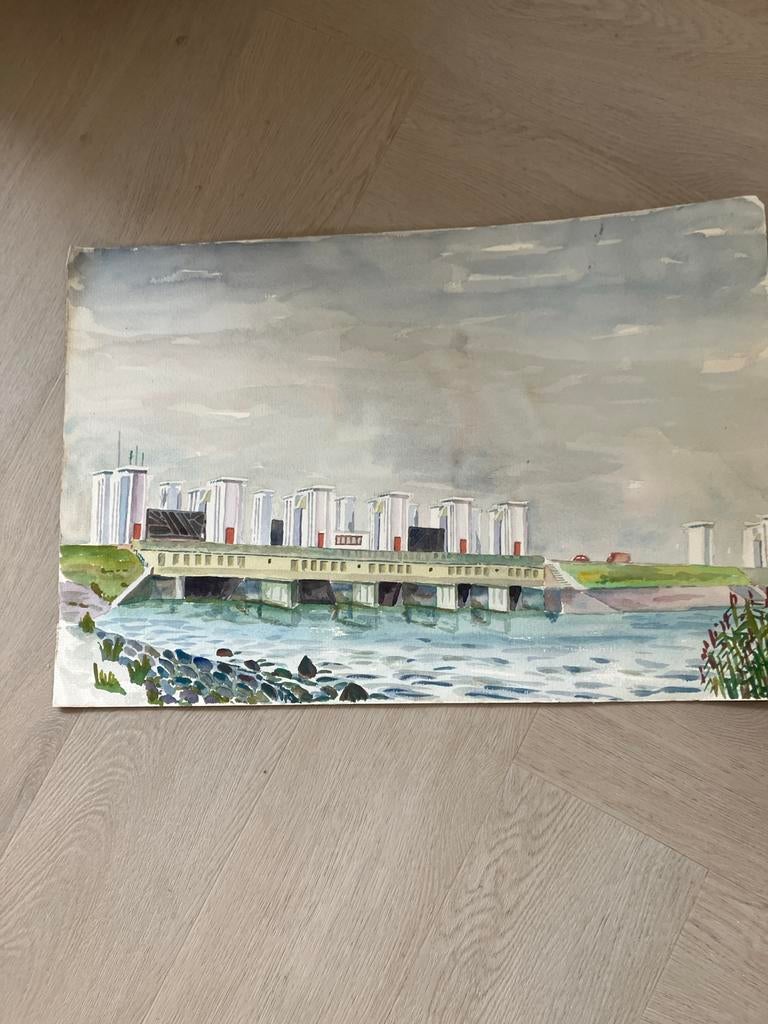 Aquarel Afsluitdijk door Frater Efrem (Willem de Kok), 1964, Antiek en Kunst, Ophalen of Verzenden