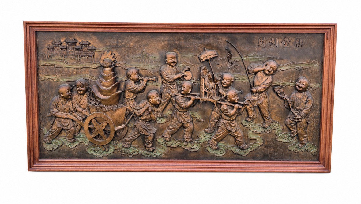 Vintage Chinese afbeelding, zeer groot., Ophalen, Gebruikt, Oosters, Bruin