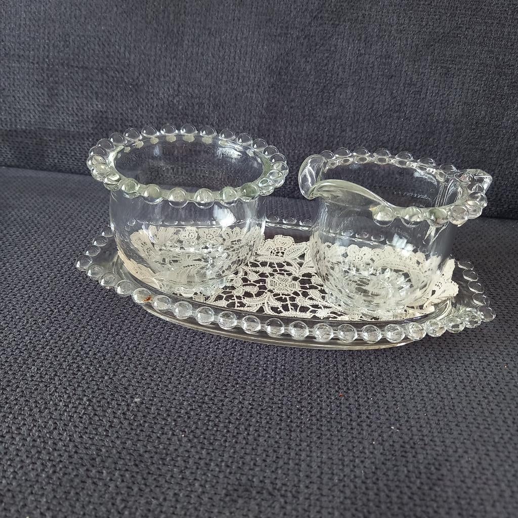 Roomstel melkkan suikerpot glazen schaal, jaren '60, Overige typen, Ophalen of Verzenden, Overige stijlen, Glas