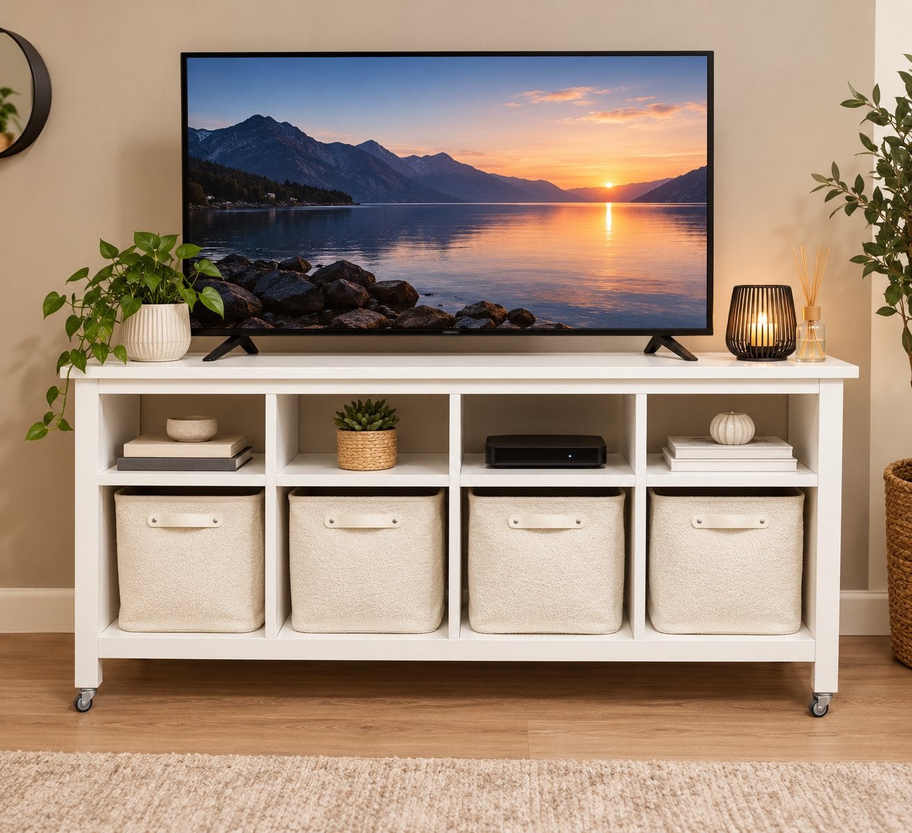 Witte TV-meubel met opbergruimte en wieltjes, Ophalen, 100 tot 150 cm, Zo goed als nieuw, Minder dan 100 cm
