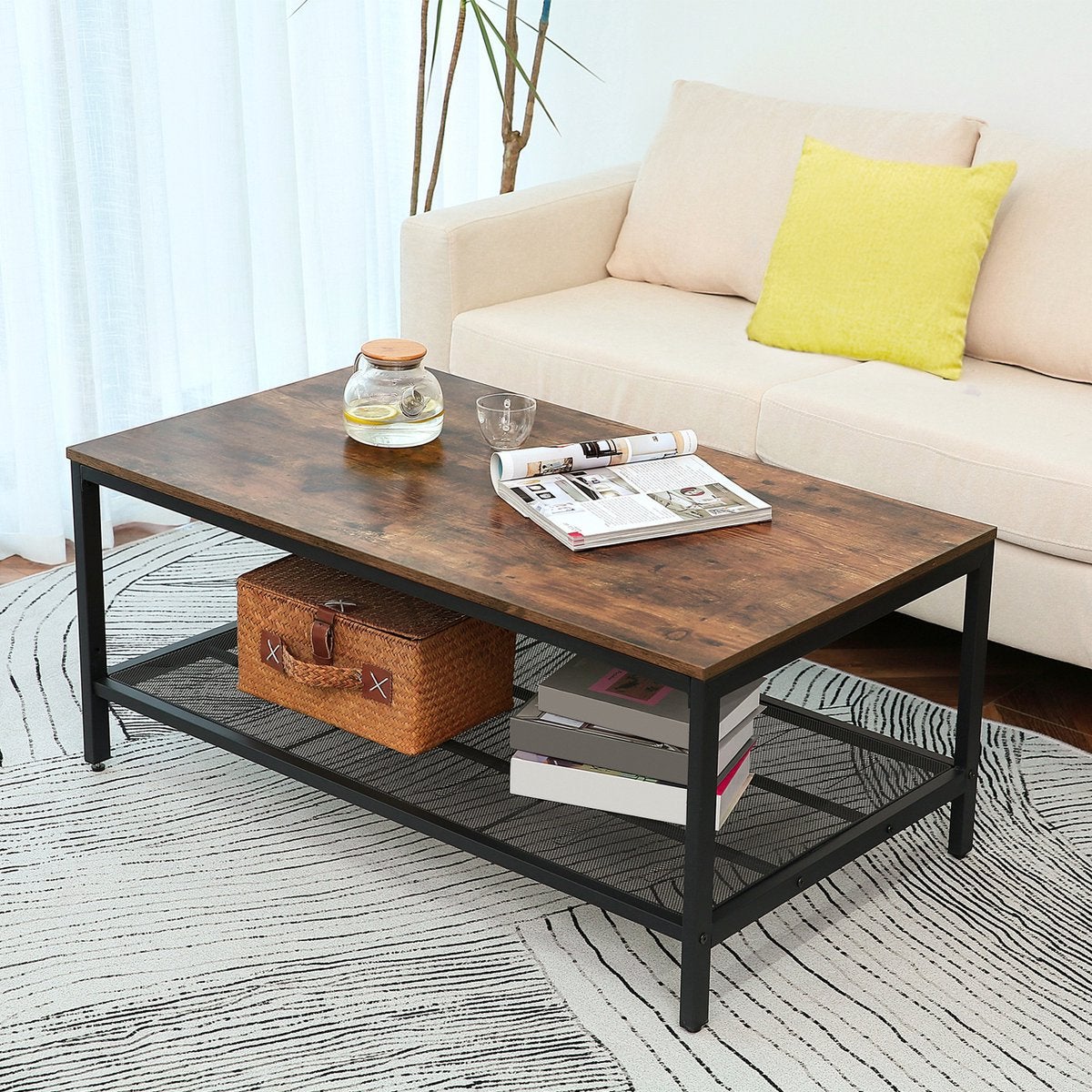 Salontafel-Bijzettafel met roosterplank-105x60x45 cm-Bruin, Ophalen, 100 tot 150 cm, Eikenhout, 50 tot 100 cm