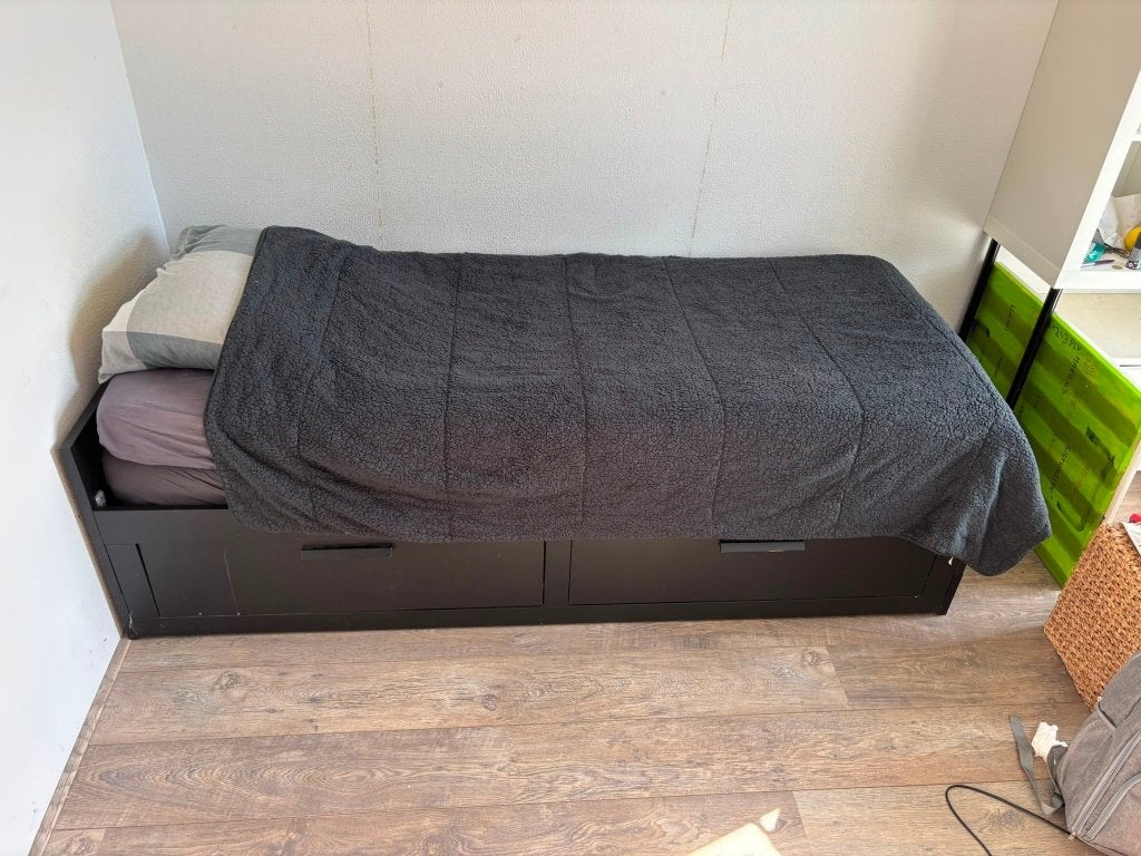 IKEA BRIMNES bedbank zwart – 2-persoonsbed + 2 grote lades, Ophalen, Gebruikt, 90 cm, Zwart