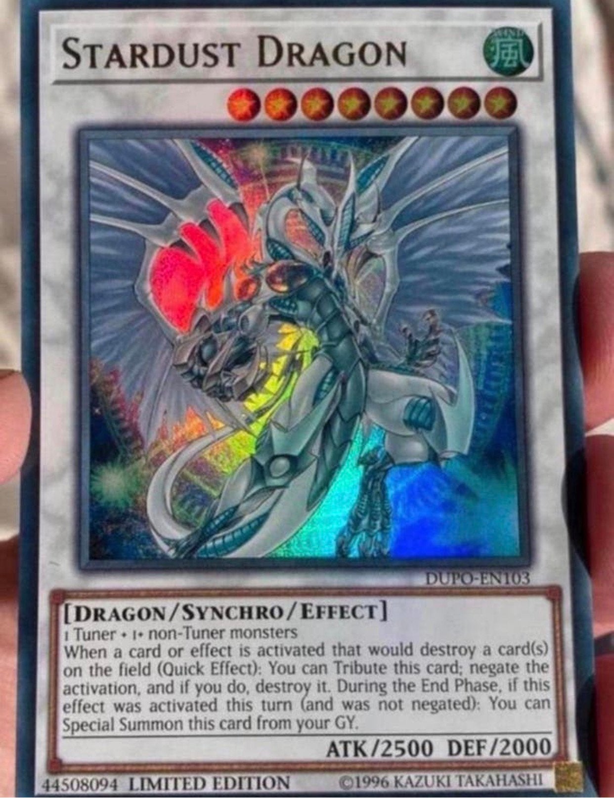 Yu-Gi-Oh! Stardust Dragon DUPO Limited Edition !, Ophalen of Verzenden, Zo goed als nieuw, Losse kaart, Foil