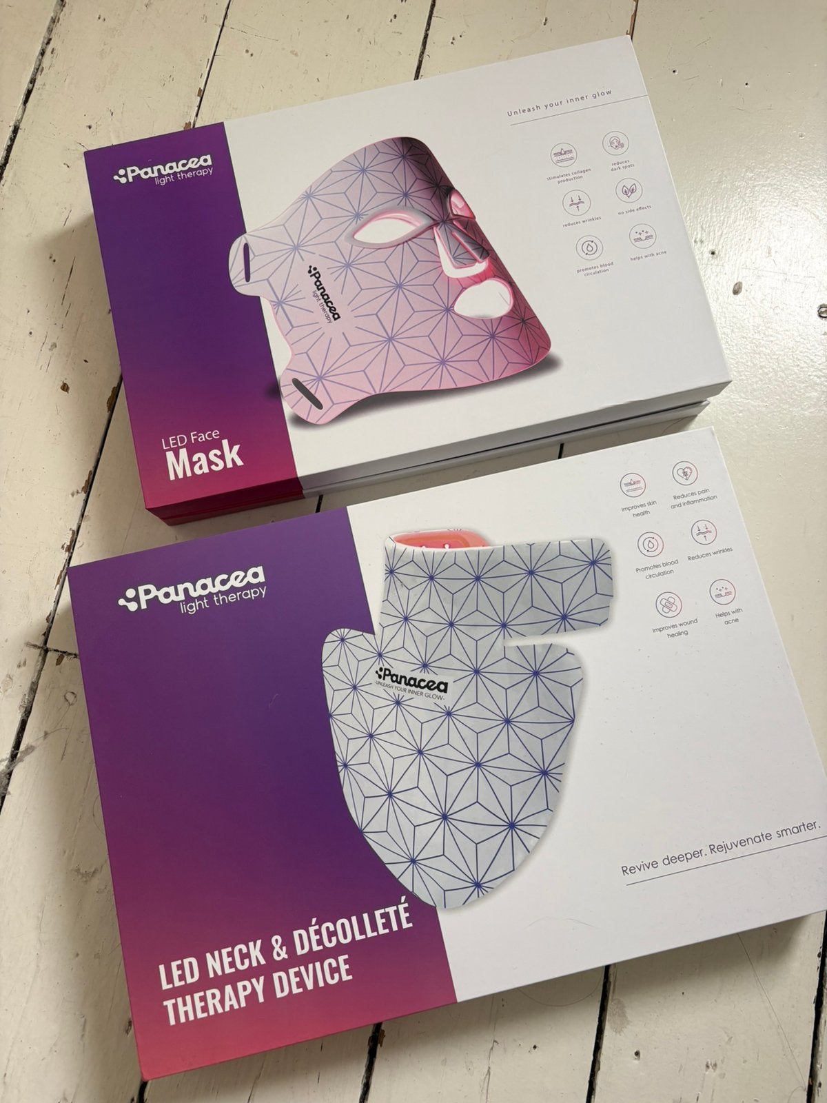 Panacea LED gezichtsmasker + LED nek & decolleté-masker, Ophalen of Verzenden, Zo goed als nieuw, Gehele gezicht, Overige typen