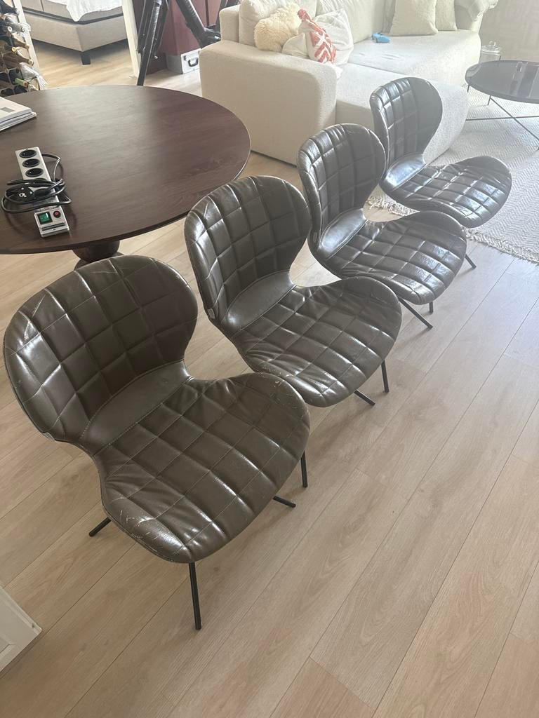 4x Zuiver OMG eetkamerstoel, grijs leer, Huis en Inrichting, Stoelen, Ophalen, Gebruikt, Leer, Vier