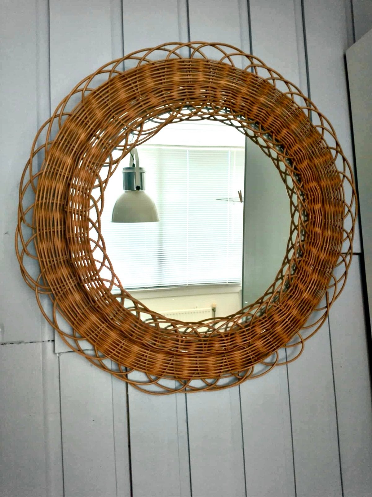 Mooie vintage rieten spiegel, Ophalen of Verzenden, Rond, Minder dan 50 cm, Minder dan 100 cm