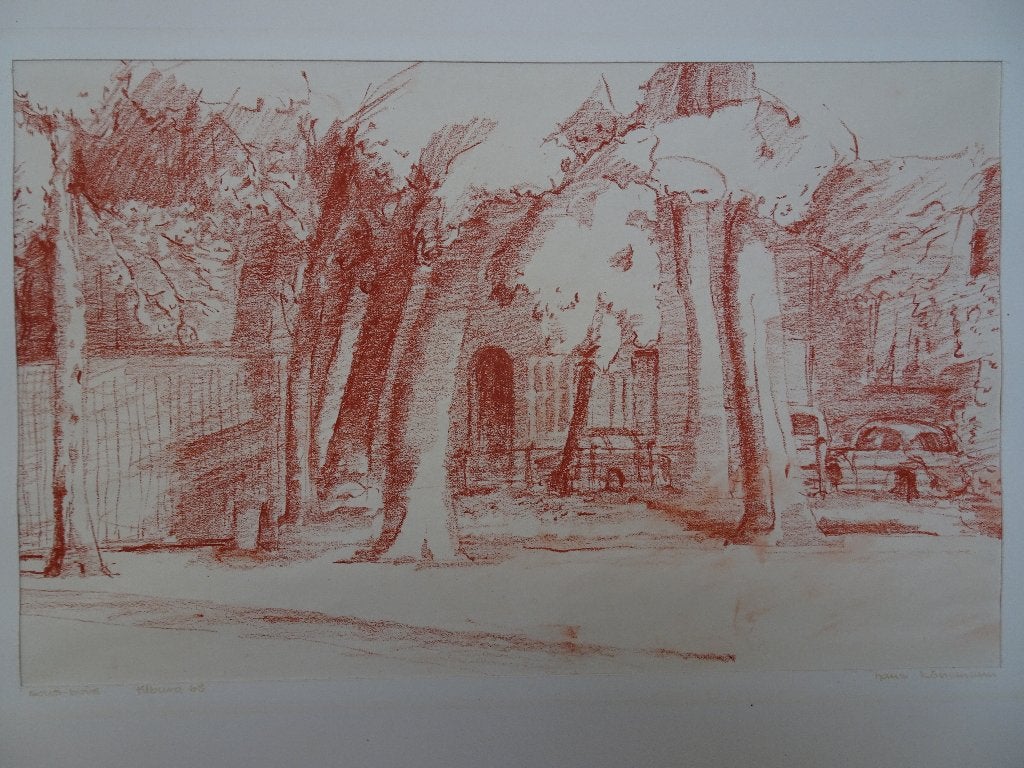 krijttekening Tilburg Sous Bois bomen bij kerk Hans Könemann, Verzenden, Tekening, Krijttekening, Origineel