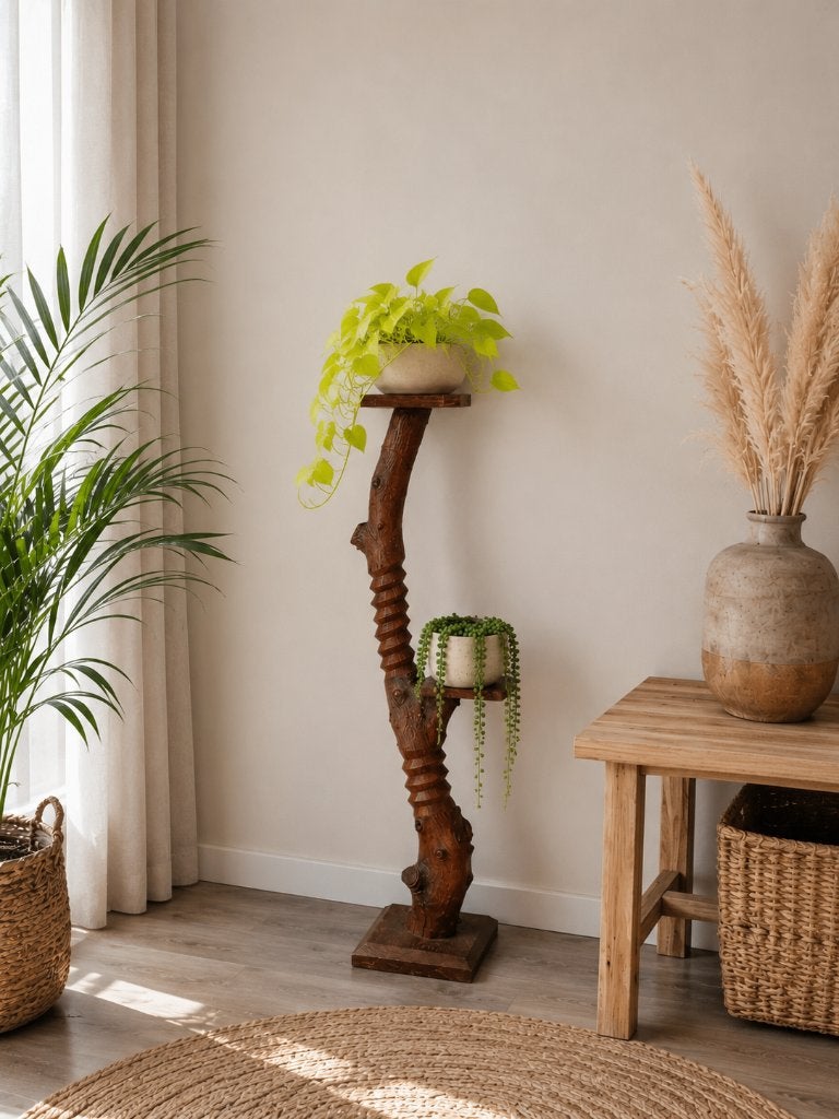 Franse Vintage Plantenzuil Boomstamhout Handgesneden Uniek, Huis en Inrichting, Woonaccessoires | Zuilen en Pilaren, Ophalen of Verzenden