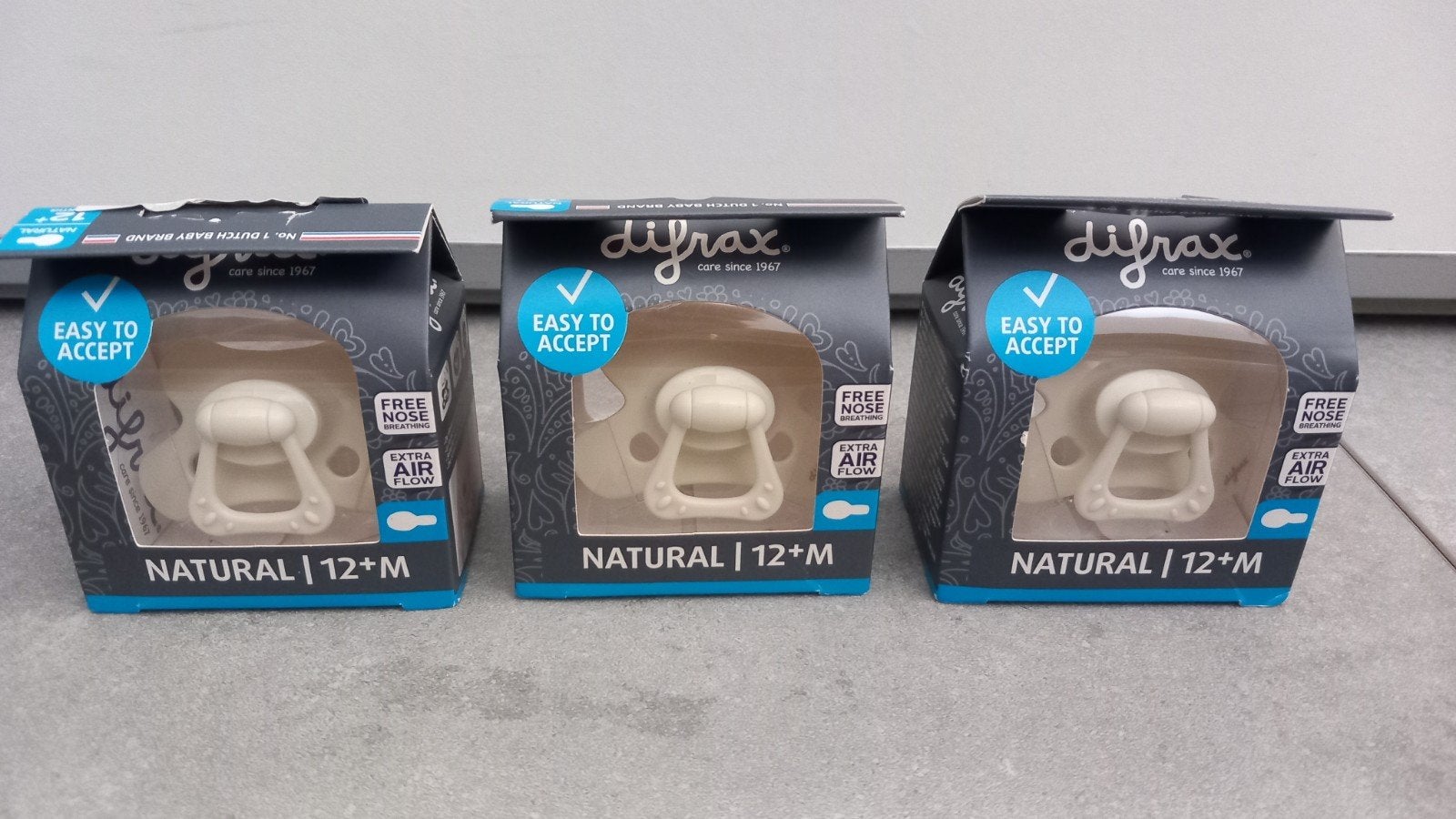 Nieuwe difrax fopspeen 12 mnd 3x creme 1x grijs, Ophalen of Verzenden, Nieuw, Overige typen