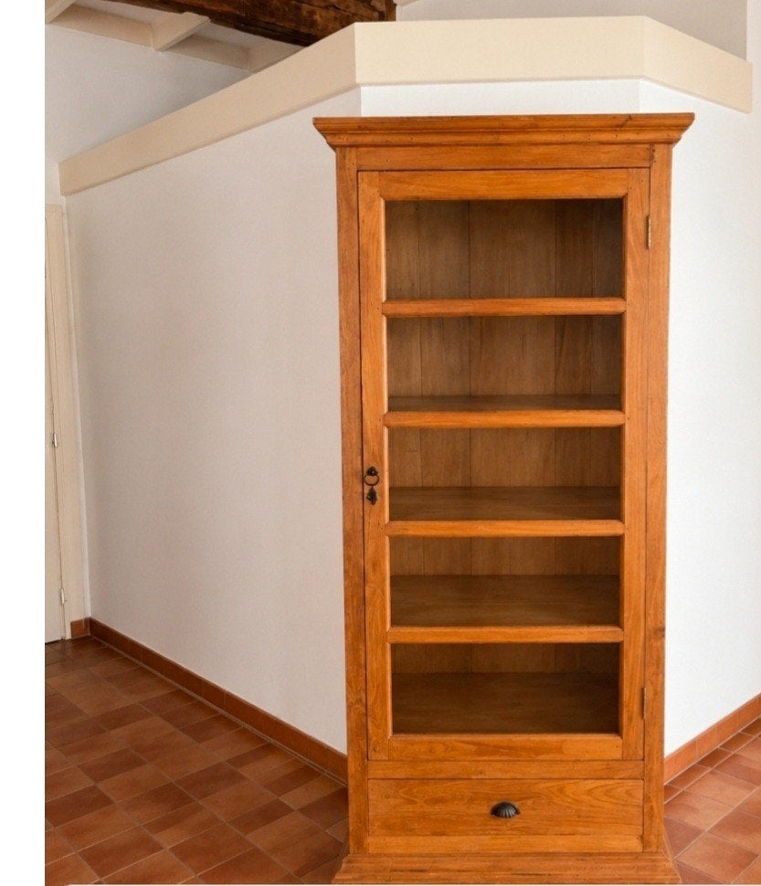 teakhouten vitrinekast met glazen deur en lade, Ophalen, Gebruikt, Met deur(en), Glas