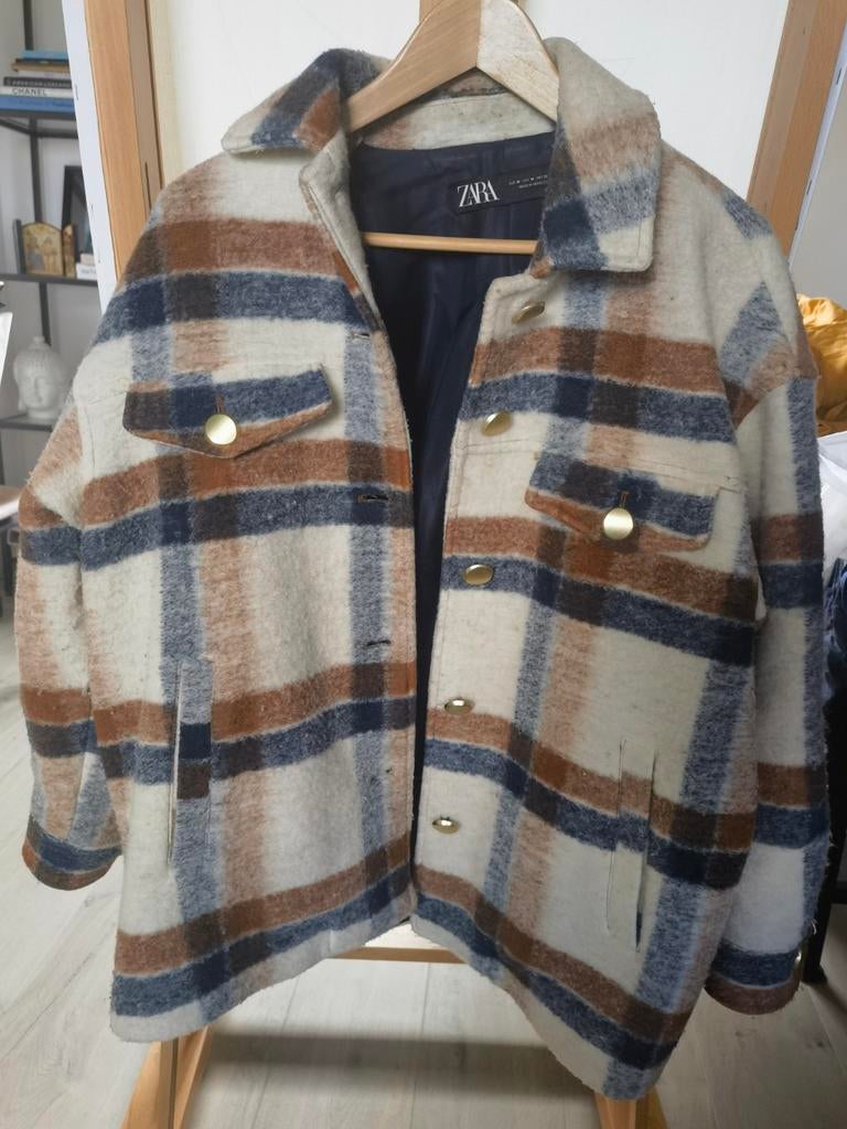Zara Oversized Wol Mix Jasje Geruit, Kleding | Dames, Jassen | Winter, Zo goed als nieuw, Maat 38/40 (M), Beige, Ophalen of Verzenden