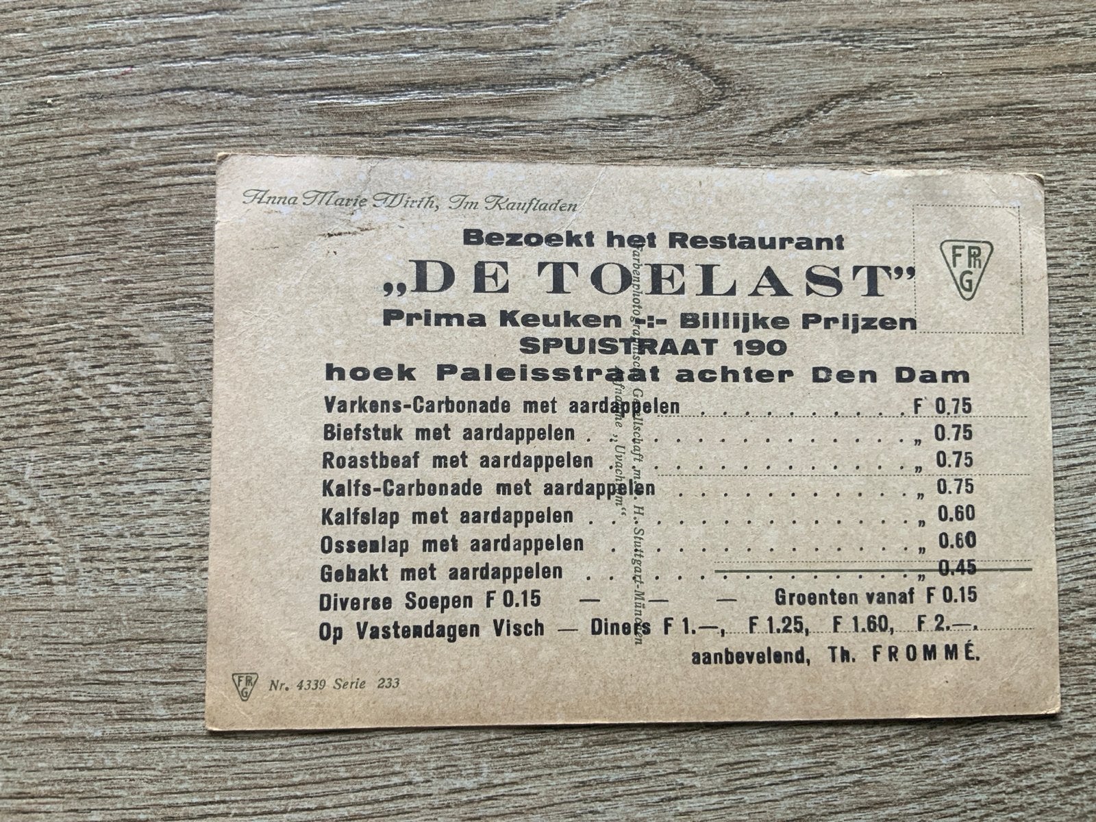 Oude reclamekaart Restaurant De Toelast Spuistraat A’dam, Ophalen of Verzenden, Voor 1920, Gelopen, Stad of Dorp
