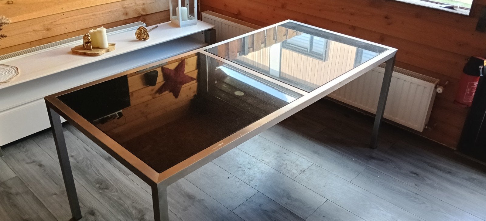 Moderne RVS eettafel met granieten blad, Ophalen, Gebruikt, Modern, Industrieel, Glas