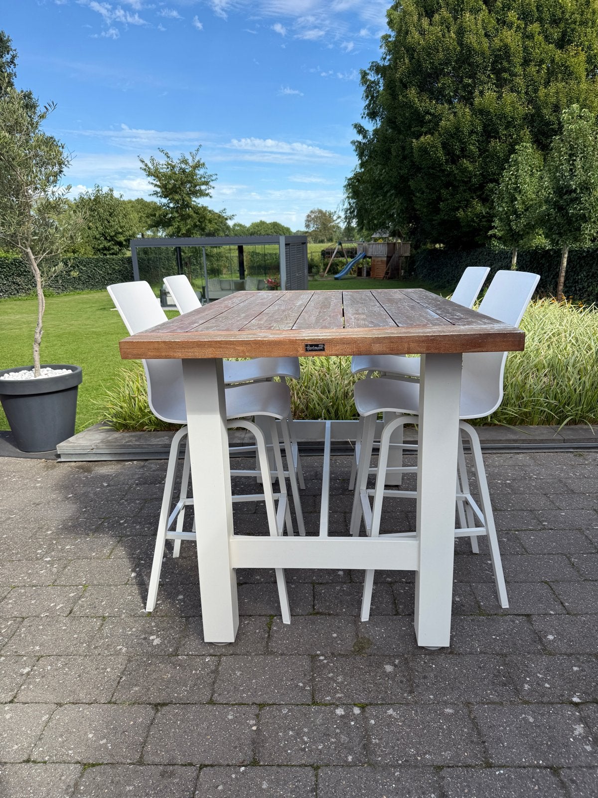 Hartman bartafel met 4 barkrukken - Teakhout en aluminium, Ophalen, Gebruikt, Rechthoekig, Teakhout