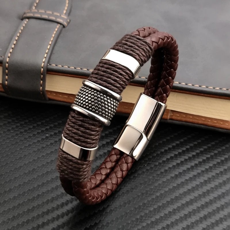 Bruine Stalen Heren Armband / Robuuste Luxe Bruin, Verzenden, Nieuw, Bruin, Leer