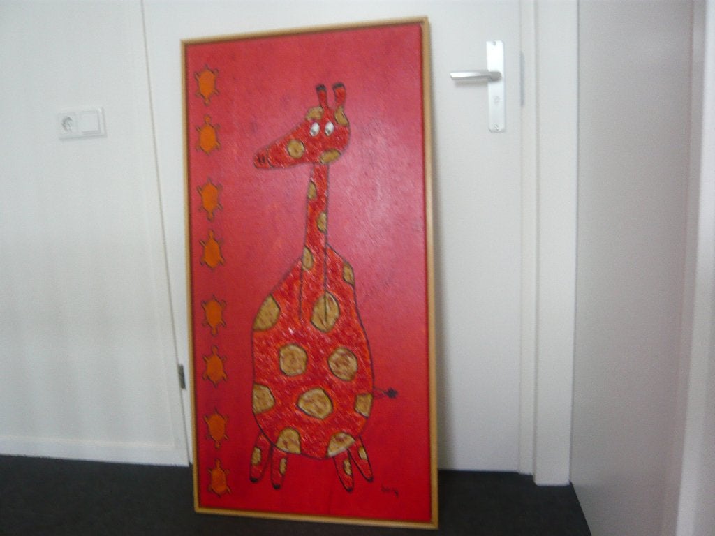 Schilderij; Giraf , groot, Ophalen, Ingelijst, Rood, Zo goed als nieuw