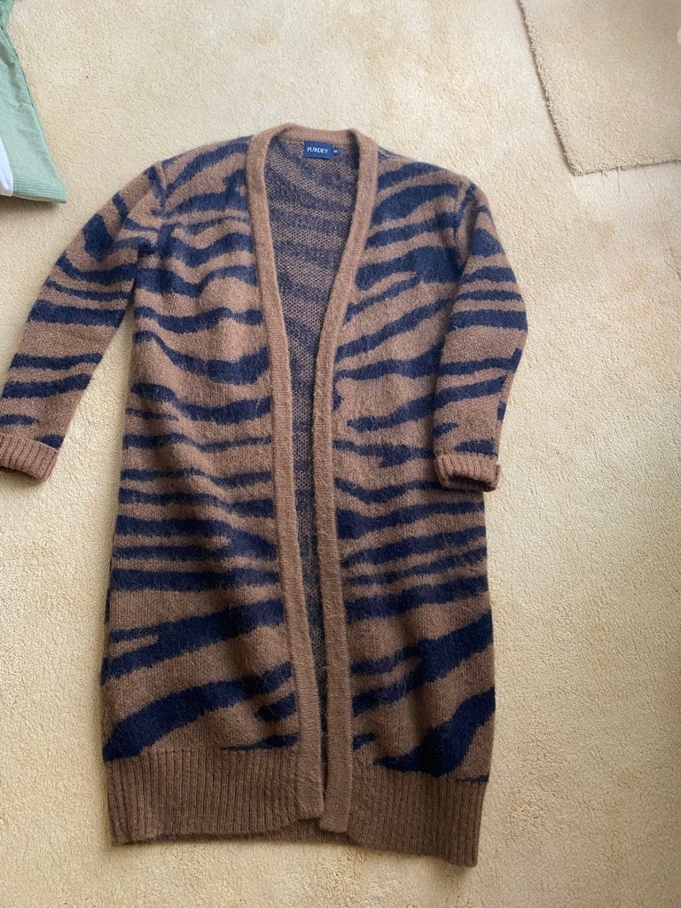 Purdey - Lang bruin wollen vest met print maat XS, Bruin, Ophalen of Verzenden, Zo goed als nieuw, Purdey