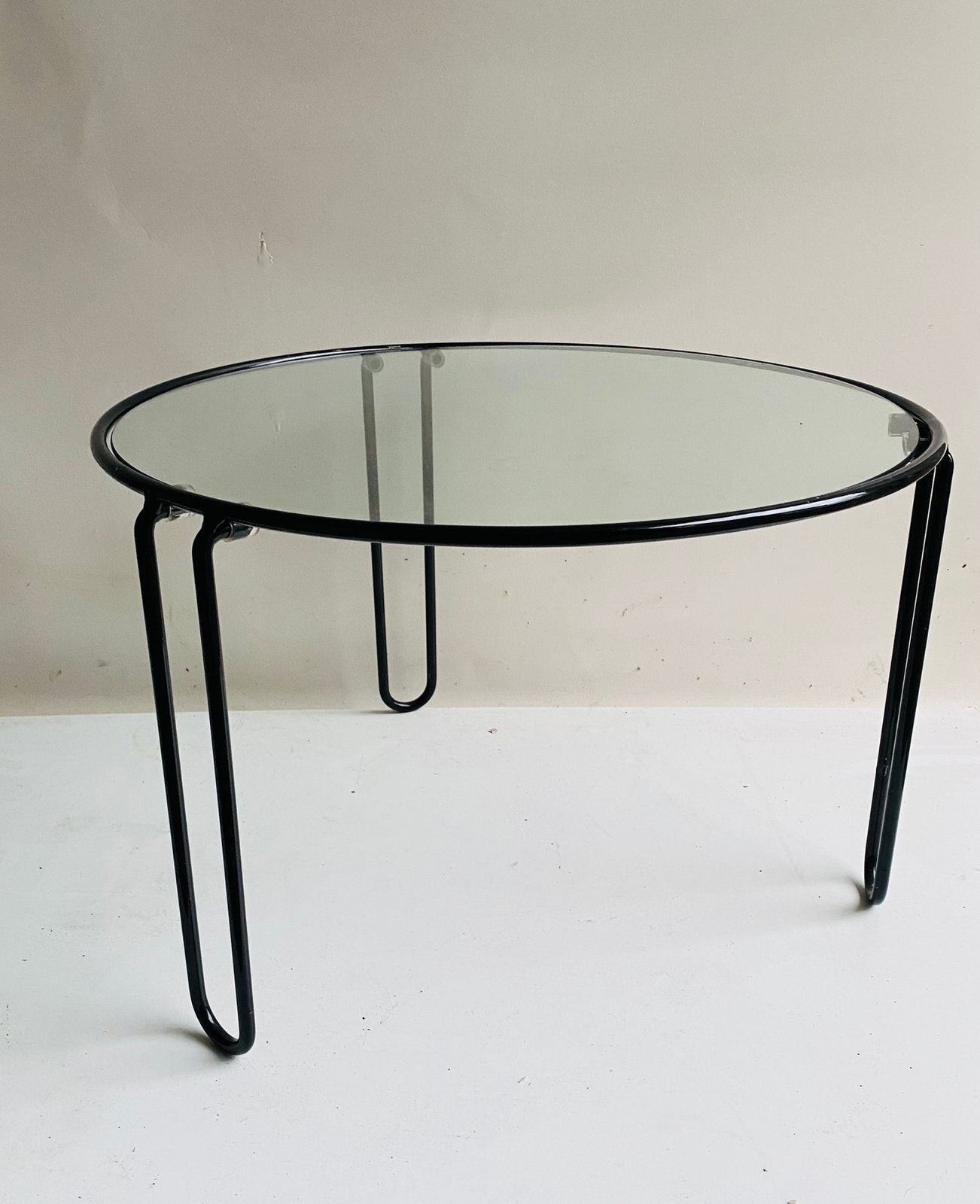 Jaren 80 koffietafel , glazen blad harpin poten, Gebruikt, 50 tot 100 cm, Jaren 80, Glas