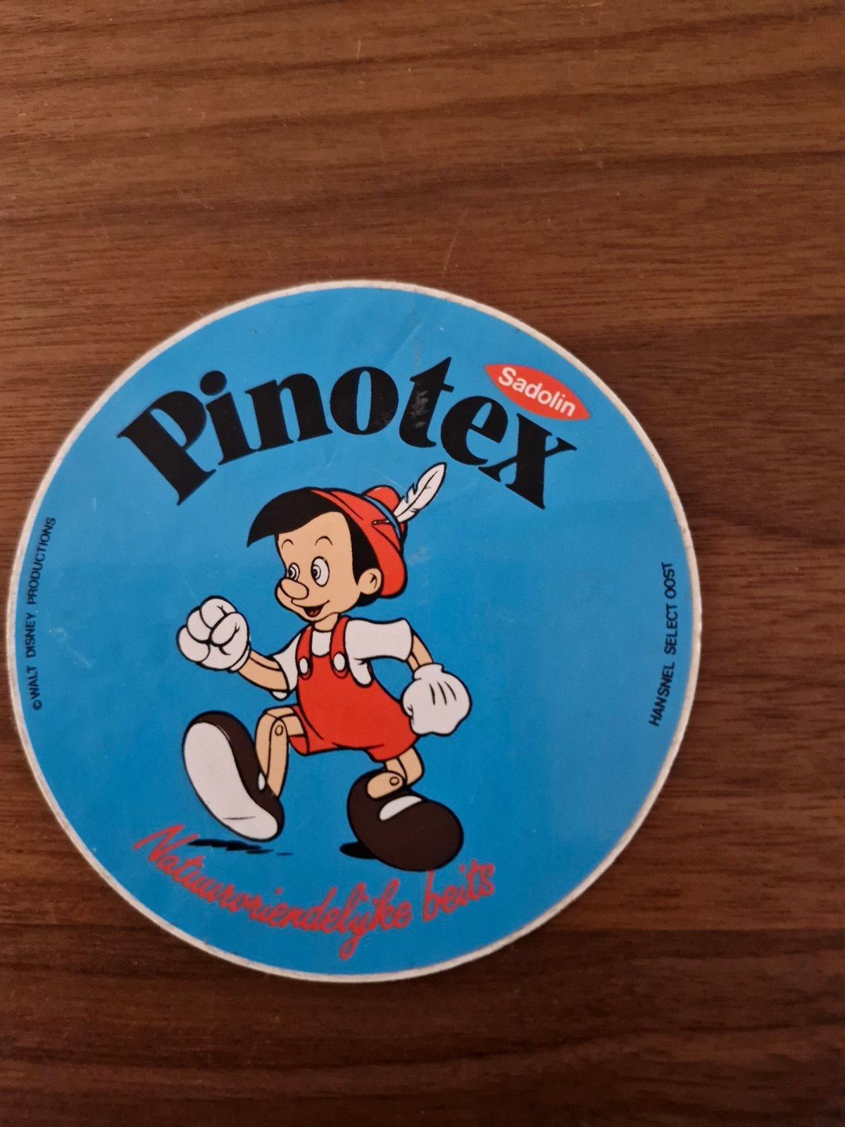 1429 Vintage Pinocchio PinoteX Sticker - 10 cm doorsnede, Ophalen of Verzenden, Zo goed als nieuw, Strip of Tekenfilm