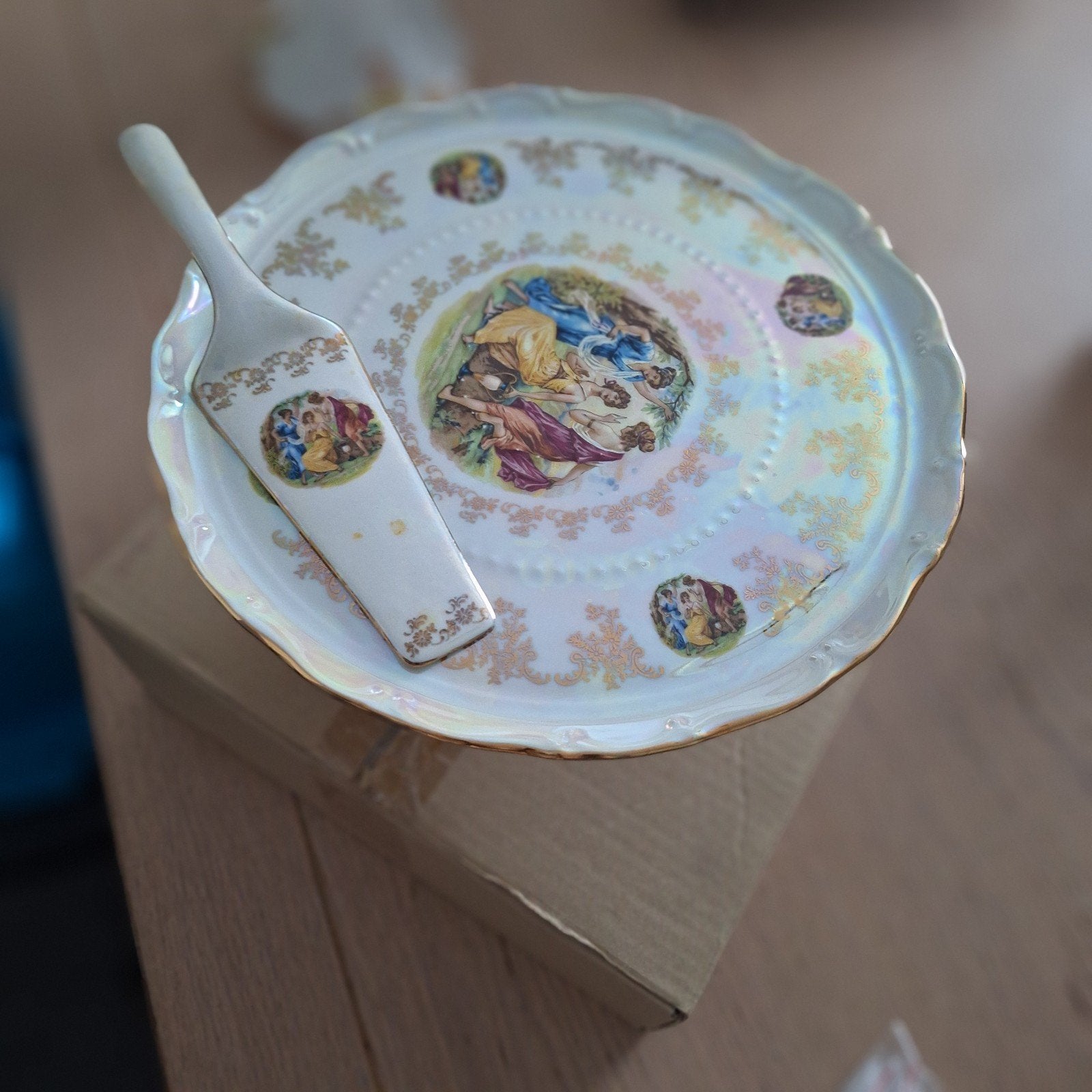 Vintage taartschaal met bijpassende taartlepel, Gebruikt, Keramiek, Overige typen, Vintage