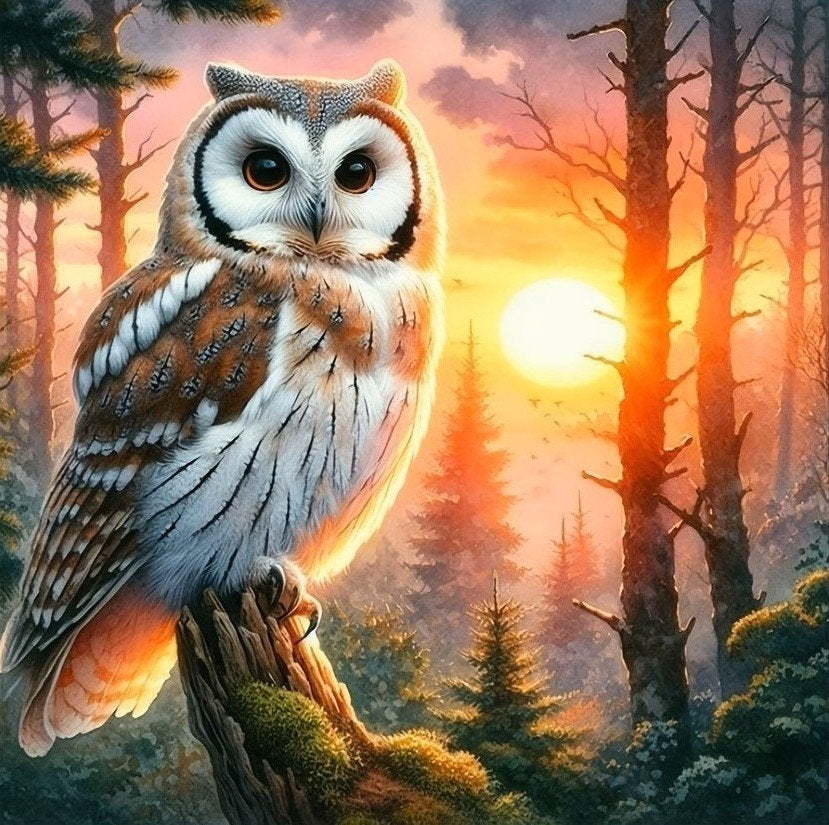 30x30cm Diamond Painting Uil zonsondergang (rond) nr 290, Nieuw, Meerkleurig, Ophalen of Verzenden, Overige materialen