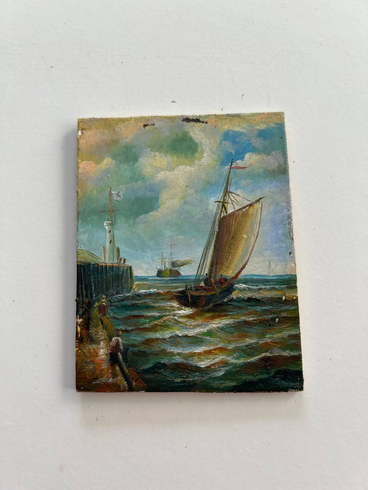 Maritiem schilderij: Zeilboot bij de kade, Antiek en Kunst, Kunst | Schilderijen | Klassiek, Ophalen of Verzenden, Handgeschilderd