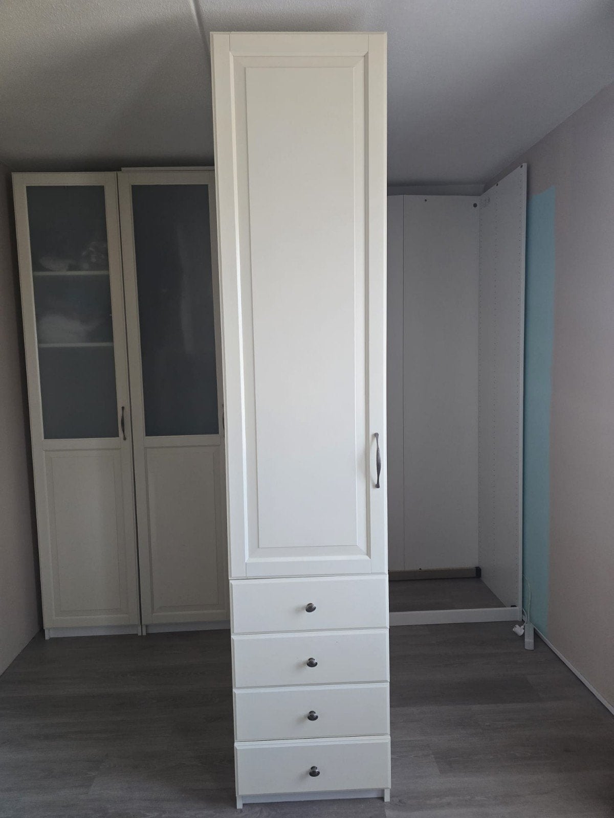 Twee witte IKEA PAX kasten met lades en deur (50x58x236), 200 cm of meer, 50 tot 100 cm, Zo goed als nieuw, 50 tot 75 cm