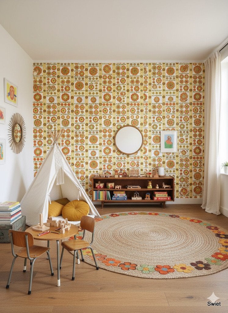 14156 vintage vinyl floral behang oranje groen geel swiet, Ophalen of Verzenden, Groen
