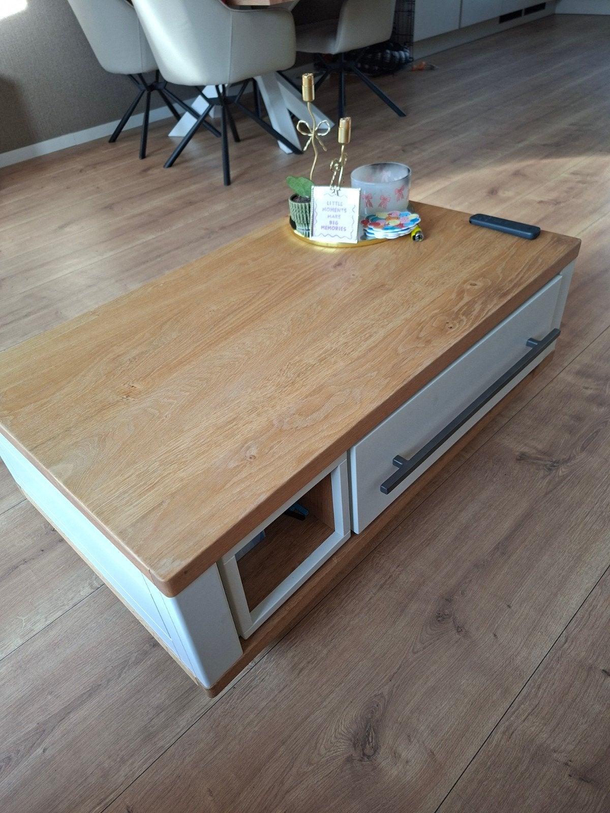 Salontafel met lades en open vakken op wielen, Ophalen, 100 tot 150 cm, 50 tot 100 cm, Modern, Landelijk