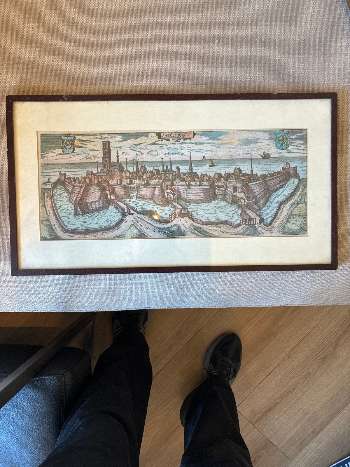 Gezicht op Harderwijk - Gravure van Baun en Hogenberg (1600), Antiek en Kunst, Ophalen, Met tekst, Stadsgezicht, 1600 - 1699