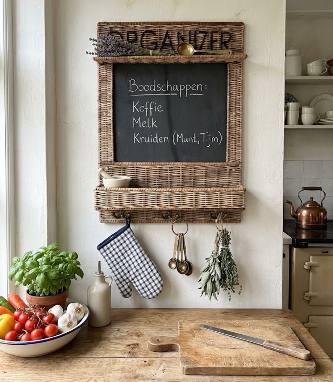 Rotan Organizer met Schoolbord en Haken - 55x40 cm, Gebruikt, Ophalen of Verzenden, Landelijk, Natuurlijk materiaal