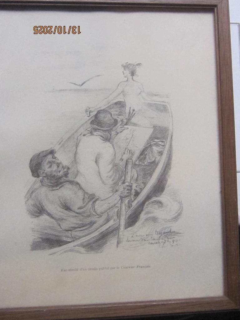 Leuke Franse Tekening vrouw wordt naakt get op roeiboot, Antiek en Kunst, Kunst | Tekeningen en Foto's, Ophalen of Verzenden