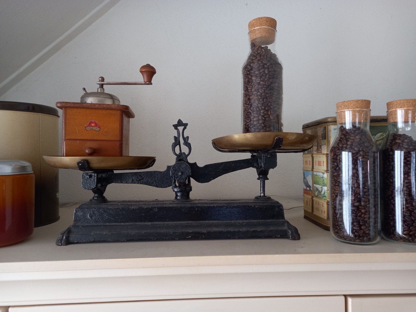 Antieke Weegschaal met Koperen Schalen - Decoratief, Ophalen of Verzenden