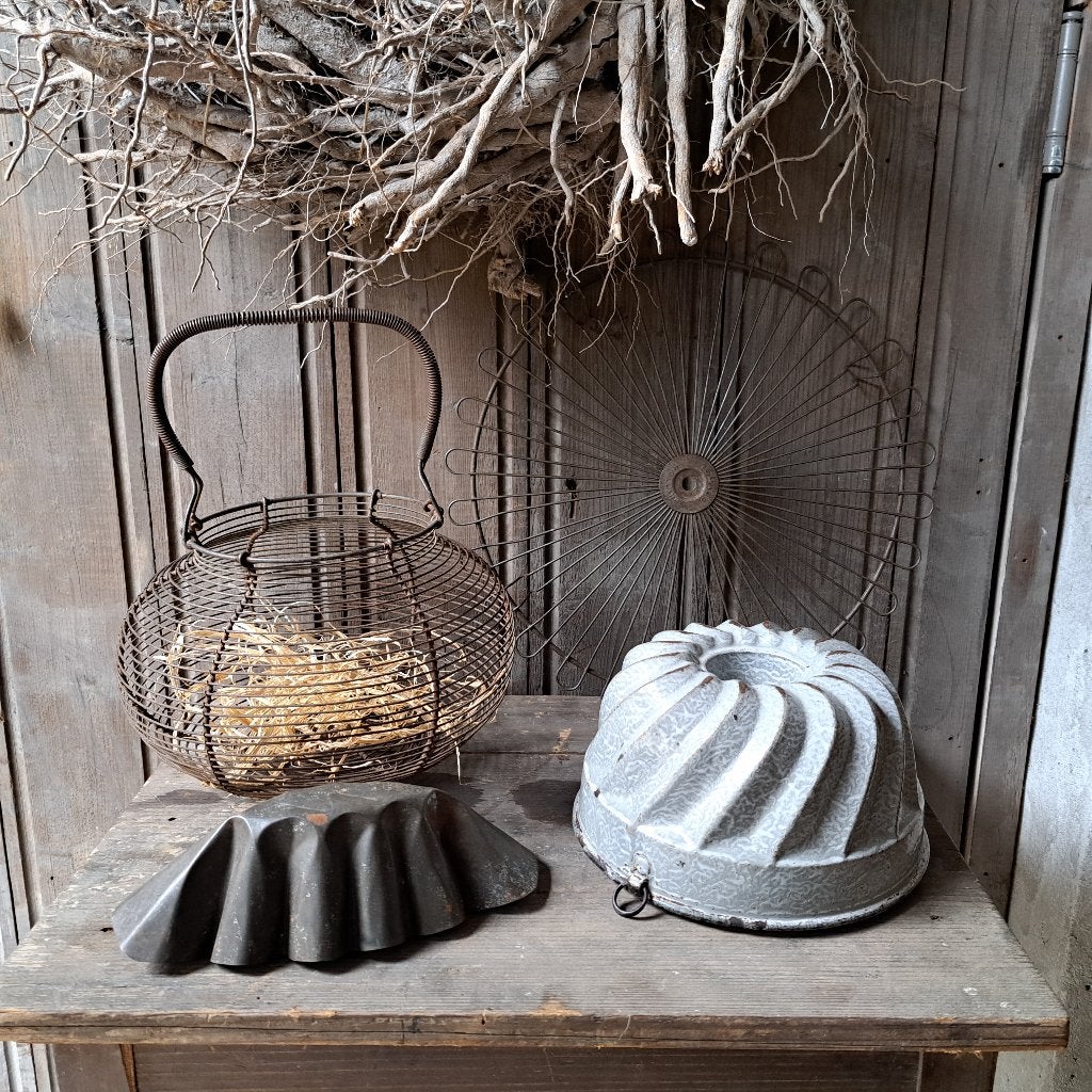 Oude brocante emaille tulband bakvorm grijs gewolkt *Etage3*, Gebruikt, ., Ophalen of Verzenden, .