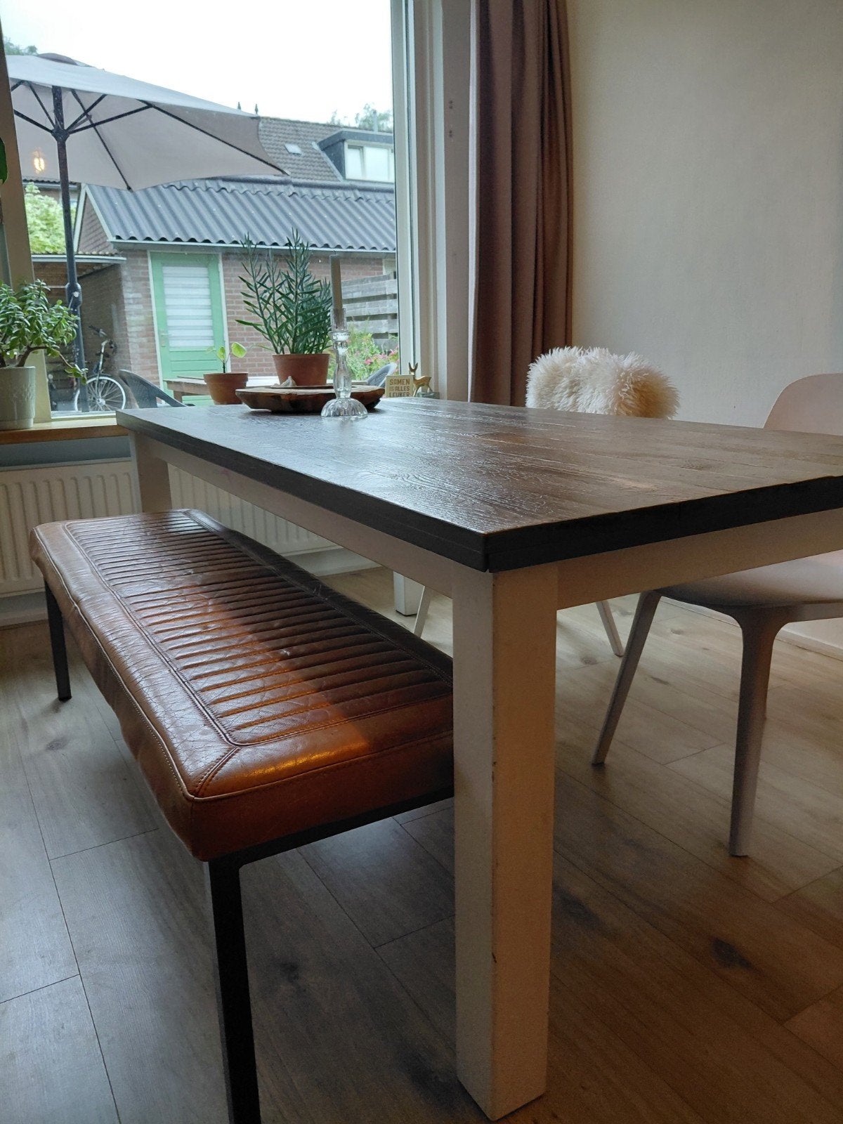 Eettafel en eettafelbankje, Huis en Inrichting, Tafels | Eettafels, Ophalen, Gebruikt, Modern landelijk, 50 tot 100 cm