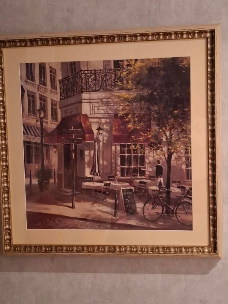 Frans café afbeelding in barok lijst zand/goud kleur, Ophalen