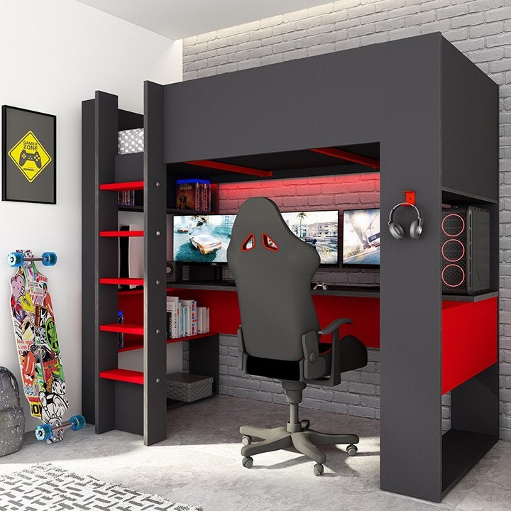 The Cube 5051 Gamingbed hoogslaper - 90x200 - Antraciet/rood, Niet ingevuld, Niet ingevuld, Niet ingevuld