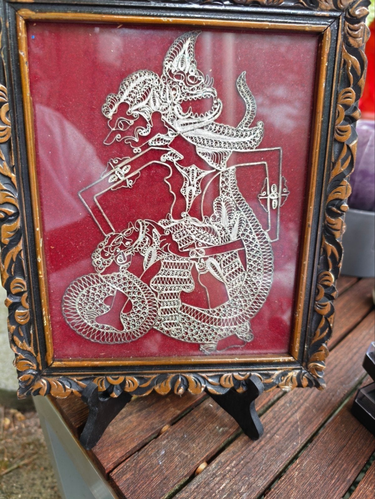 Ingelijst Indonesisch Wayang Kulit Zilverfiligraan Kunstwerk, Antiek en Kunst, Kunst | Niet-Westerse kunst, Zilver, Wanddecoratie