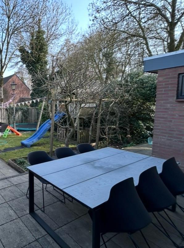 Buitentafel met 6 kuipstoelen, kunststof+metaal. Moet weg!, Ophalen, Gebruikt, Metaal