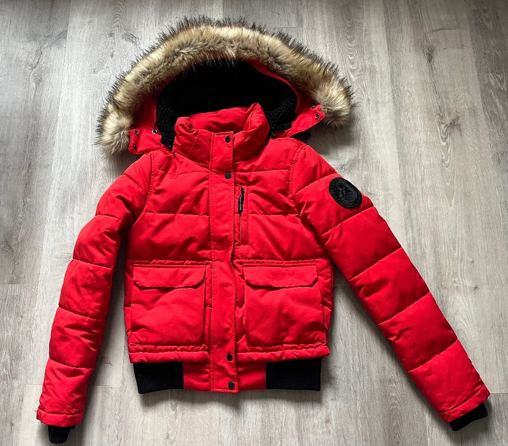 Superdry Everest Explorer Winterjas Rood met Bontkraag, Zo goed als nieuw, Maat 36 (S), Rood, Superdry