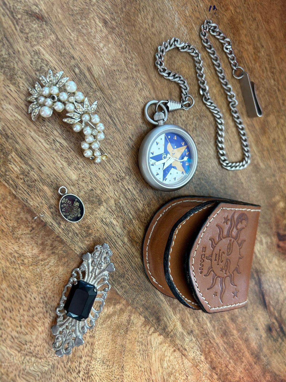 Diverse sieraden: broches, hanger en kompas met ketting, Ophalen, 4 tot 7 cm, Gebruikt, Met edelsteen