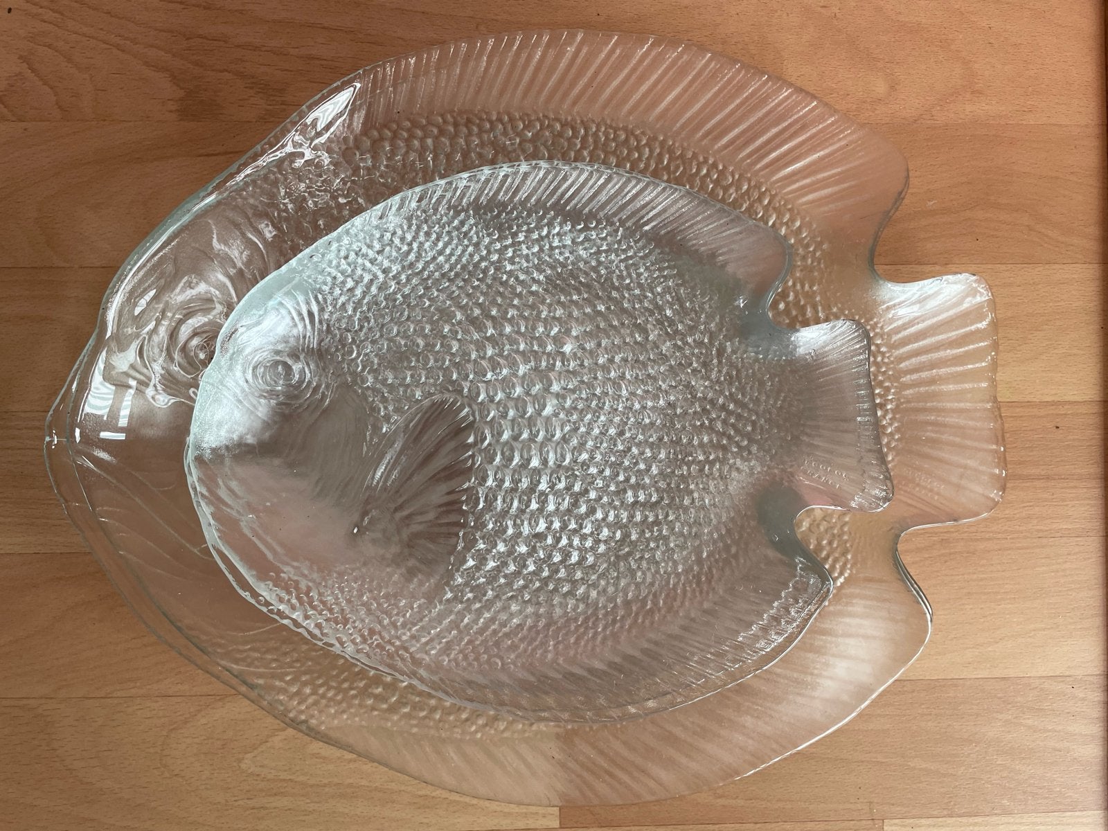 Glazen vissen servies: 6 borden en 2 serveerschalen, Huis en Inrichting, Gebruikt, Ophalen of Verzenden, Glas, Bord(en)