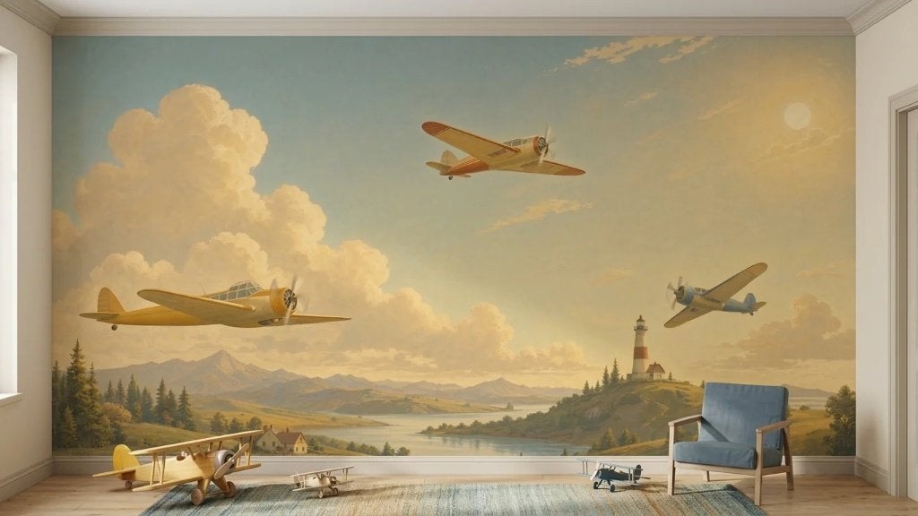 Vliegtuig behang kinderkamer – propellers bij vuurtoren, Overige merken, Ophalen of Verzenden, Fotobehang, Vintage/retro