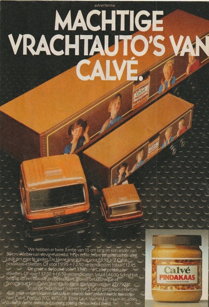 Retro reclame 1983 Calvé pindakaas vrachtwagen speelgoed, Verzenden, Overige typen