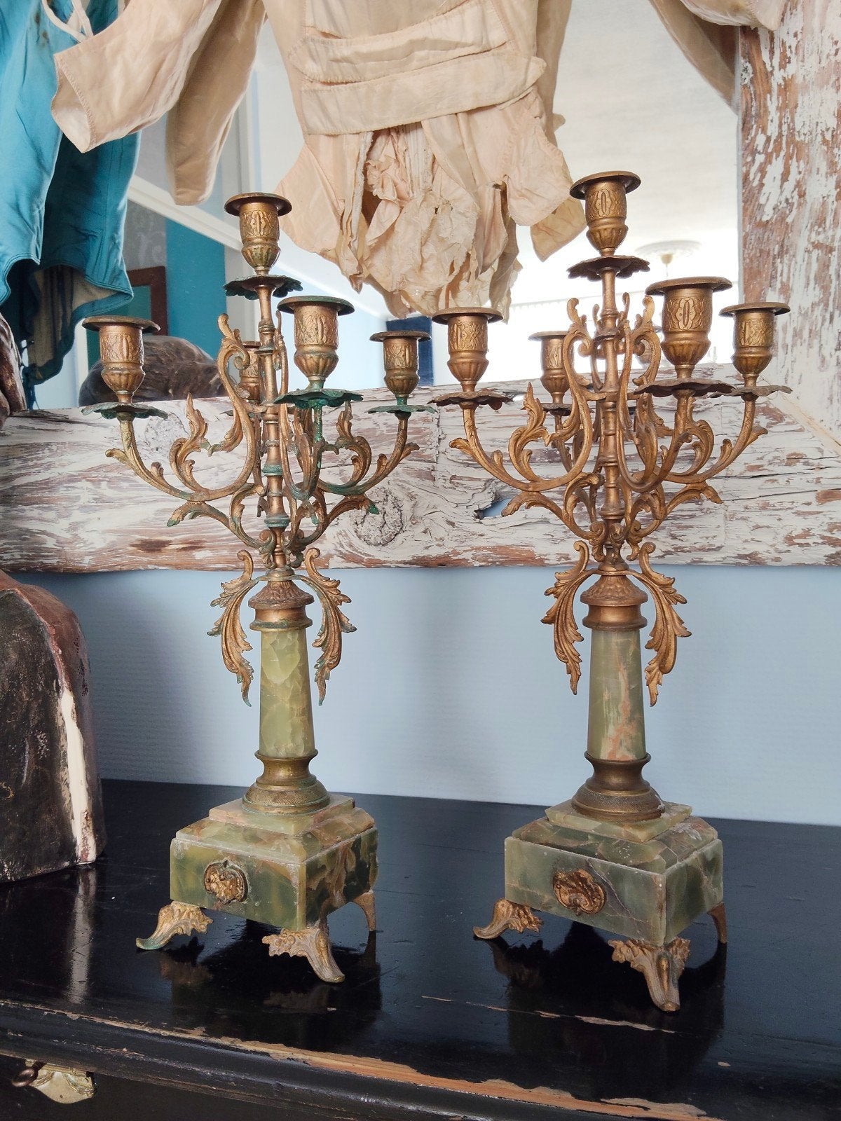 2 antieke kandelaren eind 19 e eeuw koper brons groene onyx, Ophalen of Verzenden, Koper of Brons