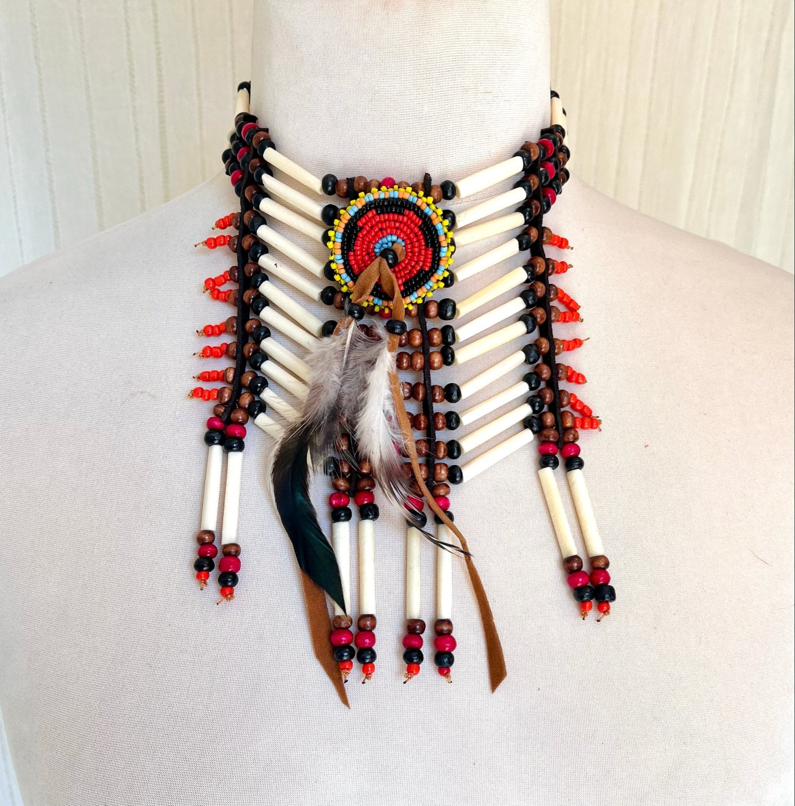 Unieke Native American Stijl Kralen Choker Ketting met Veren, Overige materialen, Verstelbaar, Overige kleuren, Ophalen of Verzenden