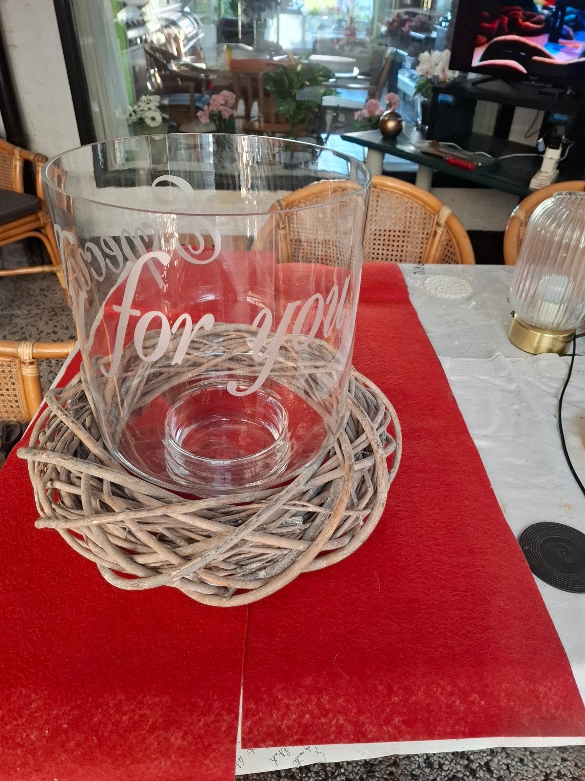 Glazen windlicht met tekst 'Especially for you', Ophalen, Gebruikt, Glas, Modern