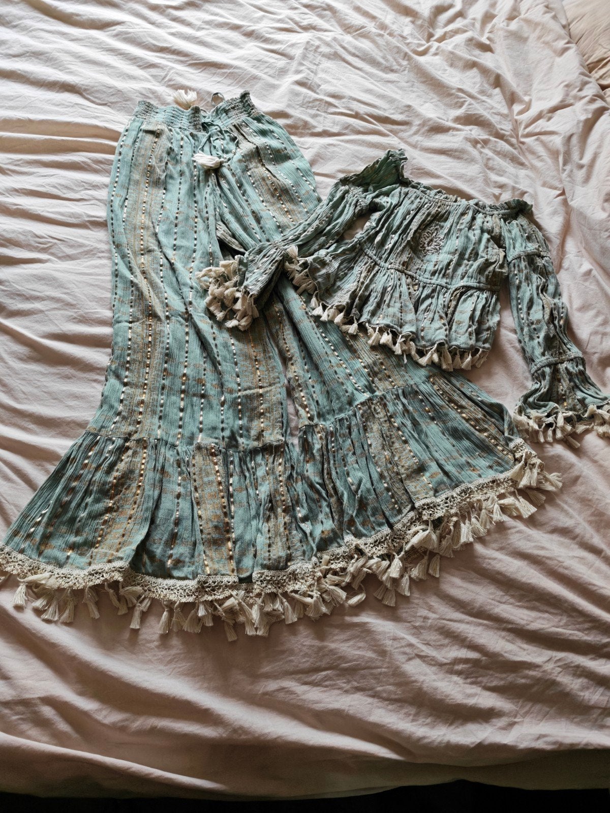 Boho Chic Setje: Topje & Broek met Flared Mouwen & Pijpen, Kleding | Dames, Maat 38/40 (M), Siya, Nieuw, Ophalen of Verzenden